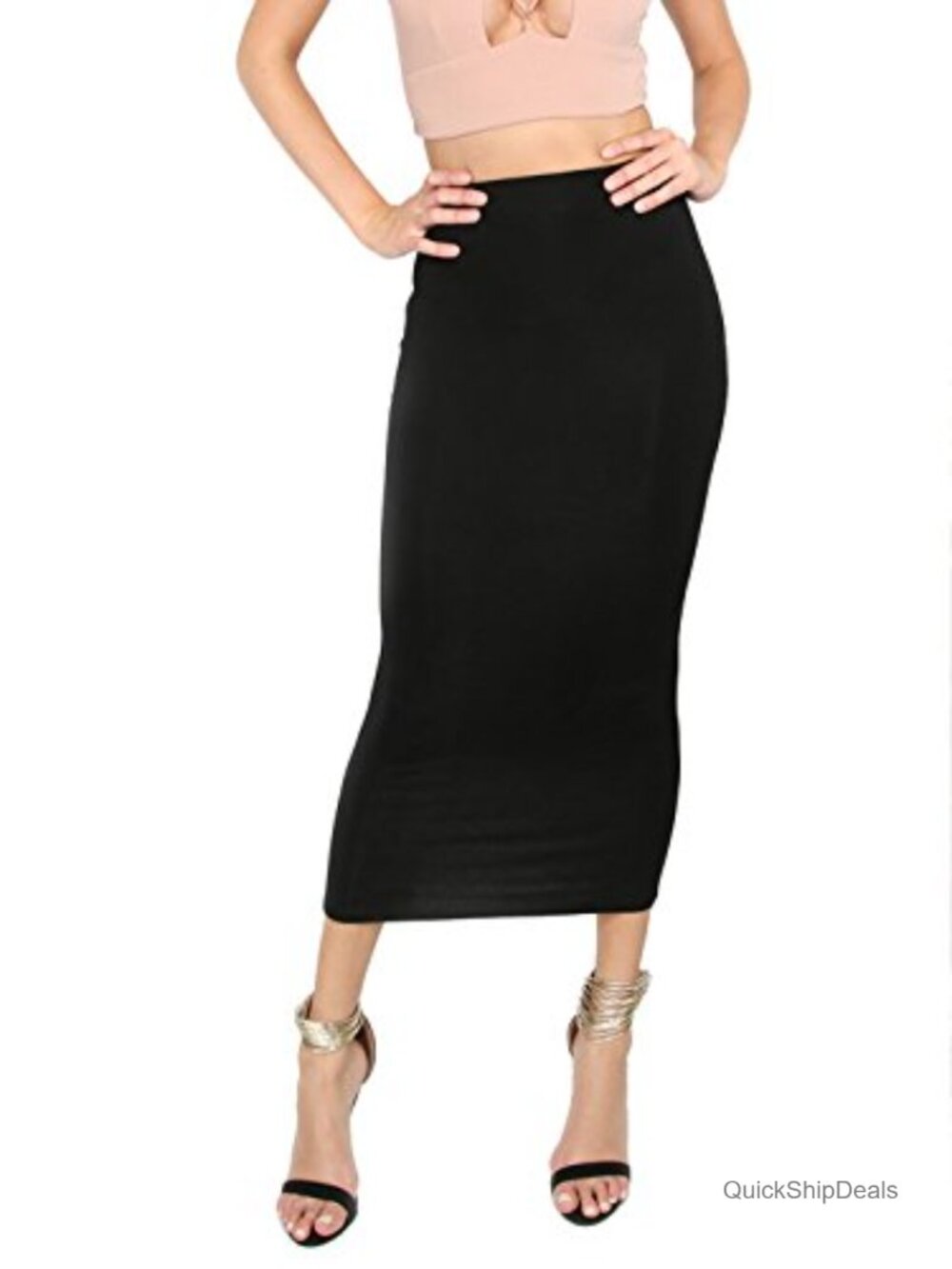 Black Pencil Skirt High Waist Midi Stretchy Office Teacher Outfit